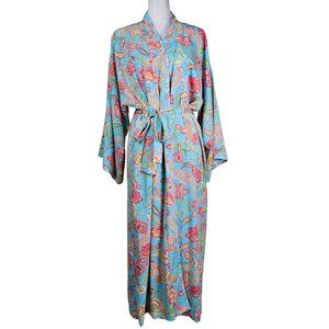 Natori Floral Kimono Robe S Blue Pink Tie Belt Tropical Lightweight Bloomcore